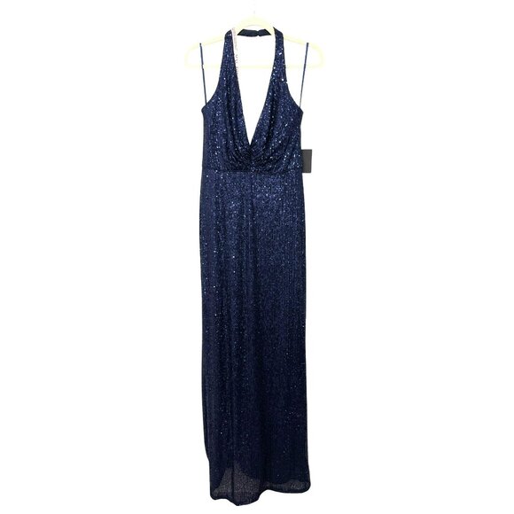 Mac Duggal Navy Sequins Halter Backless Maxi Formal Gown Dress Size 6 NEW - Picture 4 of 9